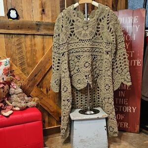 305 POL Crochet Openwork Hi Low - Olive Green Sweater